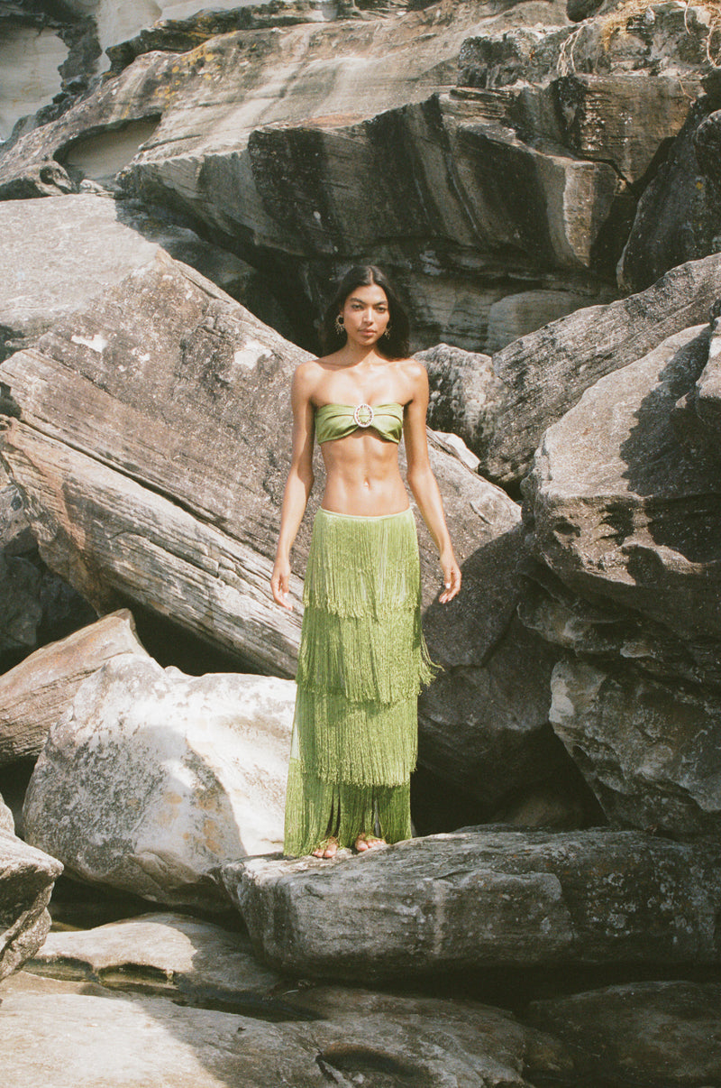 Señorita Green Maxi Skirt and Bandeau Top Set
